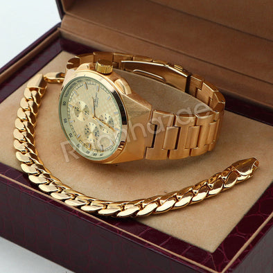 Men 14K Gold PT Round Bezel Metal Band Watch 10mm Gold Miami Cuban Bracelet H85G - Raonhazae