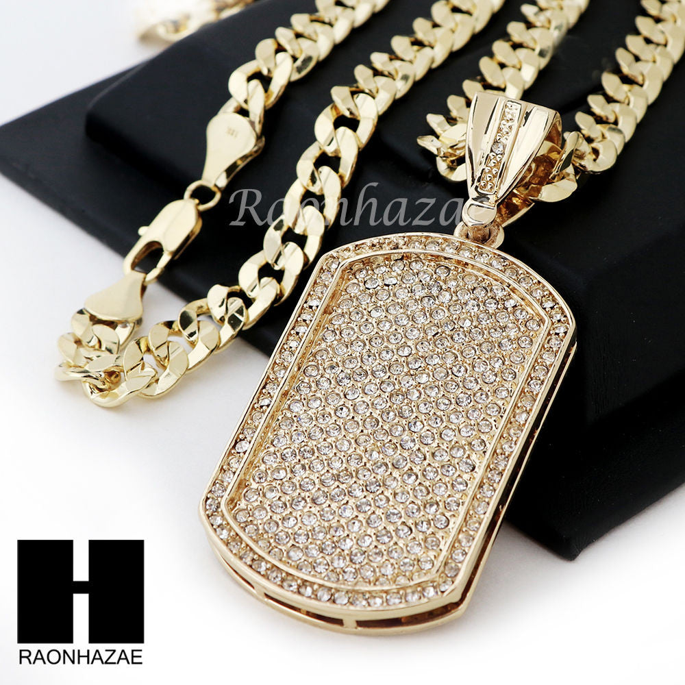 HIP HOP DOG TAG PAVE PENDANT DIAMOND CUT CUBAN LINK CHAIN NECKLACE