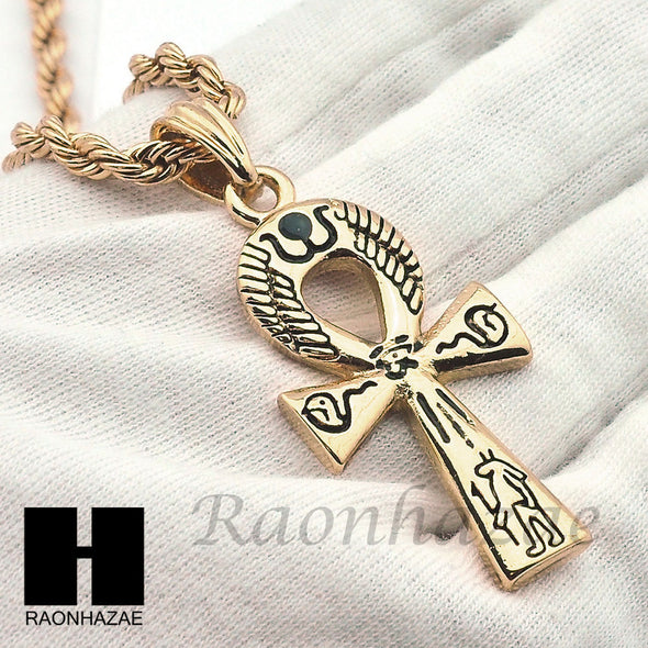 New 14k Gold PT ANKH Cross Pendant 15mm Miami Cuban 30" Necklace S195 - Raonhazae