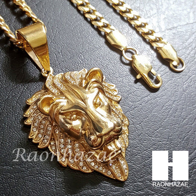 316L Stainless steel Gold Bling King Lion w/ 5mm Cuban Chain SG7 - Raonhazae