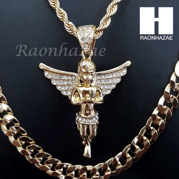 ANGEL CHARM ROPE CHAIN DIAMOND CUT 30" CUBAN CHAIN NECKLACE SET G13 - Raonhazae