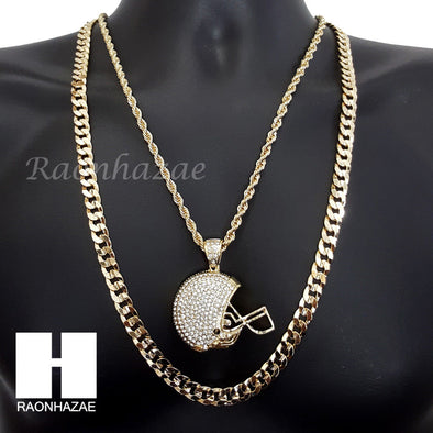 FOOTBALL HELMET ROPE CHAIN DIAMOND CUT 30" CUBAN CHAIN NECKLACE SET G9 - Raonhazae