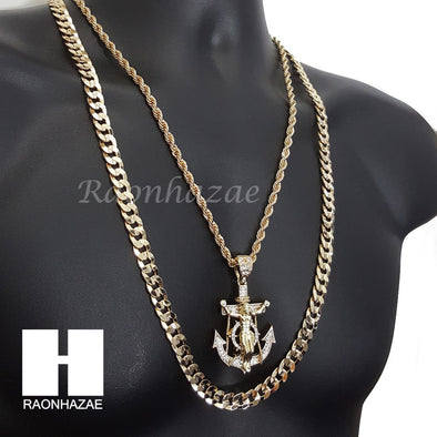 MEN ANCHOR JESUS ROPE CHAIN DIAMOND CUT 30" CUBAN CHAIN NECKLACE SET G1 - Raonhazae