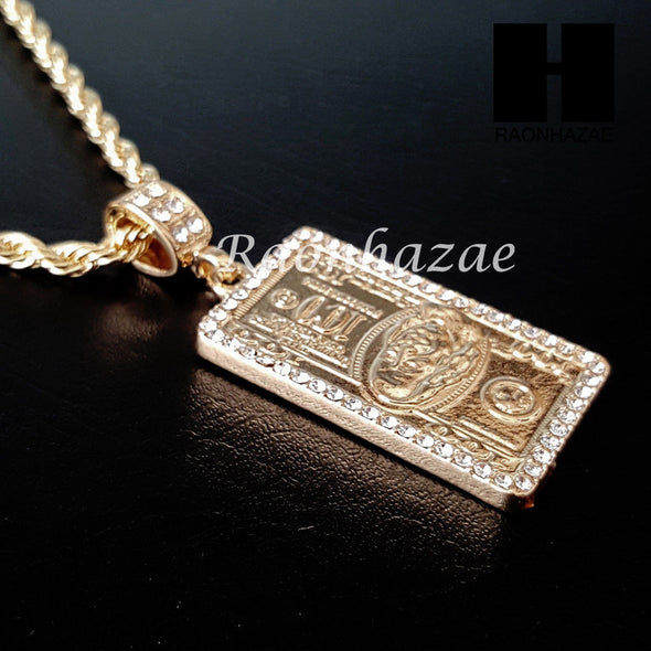 $100 HUNDRED DOLLAR BILL MONEY 30" CUBAN LINK CHAIN NECKLACE SET S89G - Raonhazae