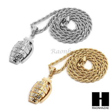 MENS HIP HOP HAND GRENADE CZ PENDANT 24" ROPE CHAIN NECKLACE N027 - Raonhazae