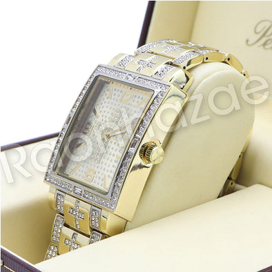 Hip Hop 14K Gold PT Gold Cross Bling Watch Sandblast Bracelet Set F37G - Raonhazae