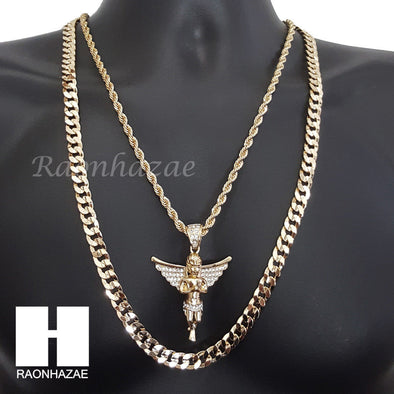 ANGEL CHARM ROPE CHAIN DIAMOND CUT 30" CUBAN CHAIN NECKLACE SET G13 - Raonhazae