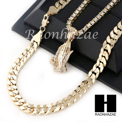 PRAYING HAND TENNIS CHAIN DIAMOND CUT 30" CUBAN LINK CHAIN NECKLACE S45 - Raonhazae