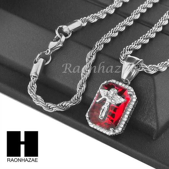 STAINLESS STEEL RUBY ANGEL CZ PENDANT 24" ROPE CHAIN NECKLACE NP020 - Raonhazae