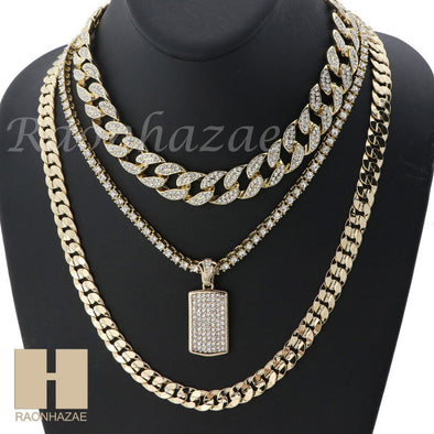 MENS 14K GOLD PT DOG TAG MIAMI CUBAN 16"~30" CHOKER TENNIS CHAIN S028 - Raonhazae