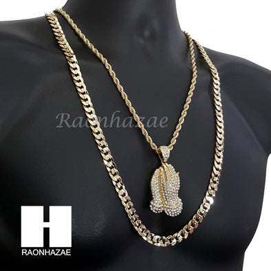 PRAYING HANDS ROPE CHAIN DIAMOND CUT 30" CUBAN CHAIN NECKLACE SET G12 - Raonhazae