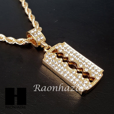 MEN GOLD BARBER RAZOR BLADE CHARM CUT 30" CUBAN LINK CHAIN NECKLACE S87 - Raonhazae