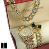 Pave Watch 30" Cuban Stone Chain Bracelet Emerald Earring Combo Set - Raonhazae
