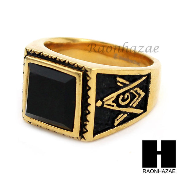 MEN 316L STAINLESS STEEL BLACK ONYX STONE GOLD BLACK RING SIZE 8-12 SR016G - Raonhazae