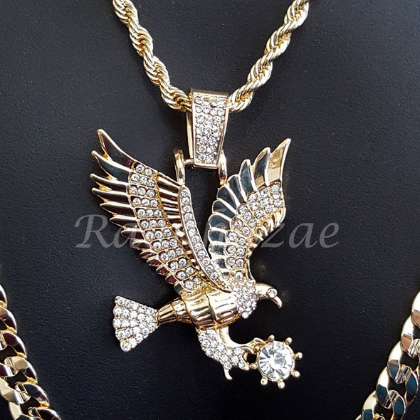 AMERICAN EAGLE ROPE CHAIN DIAMOND CUT 30" CUBAN CHAIN NECKLACE SET G37 - Raonhazae