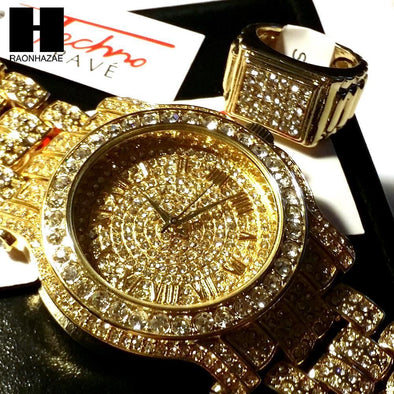 HIP HOP RAPPER GOLD FINISHED SIMULATED DIAMOND WATCH RING SET01G - Raonhazae