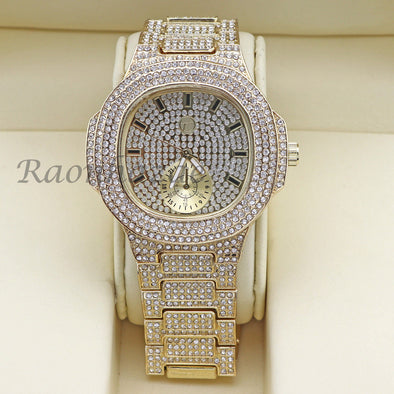 MEN 14K GOLD PT LUXURY BLING WATCH CUBAN BRACELET COMBO SET FM10G - Raonhazae