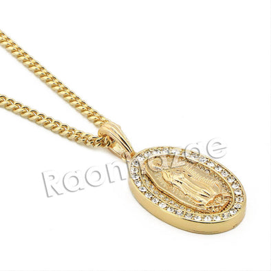 Mens Bling Guadalupe Pendant w/ 5mm 24" 30" Cuban Brass Chain A05G - Raonhazae