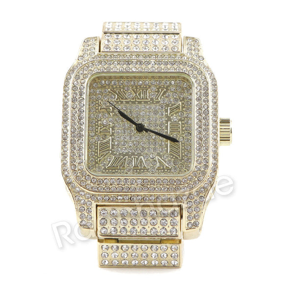 Hip Hop 14K Gold Simulated Diamond Watch Ruby Cuban Bracelet Set F46 - Raonhazae