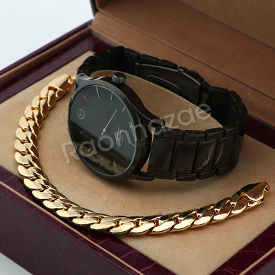 Men Jet Black Round Bezel Metal Band Black Watch 10mm Miami Cuban Bracelet H79 - Raonhazae