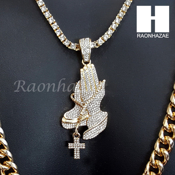 PRAYING HANDS CHARM 16"-30" TENNIS CHAIN 30" CUBAN CHAIN NECKLACE G23 - Raonhazae