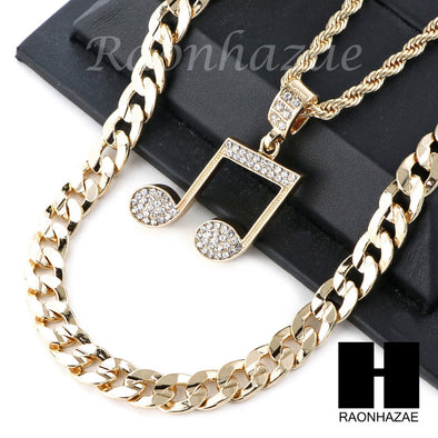 MENS MUSIC NOTE PENDANT DIAMOND CUT 30" CUBAN CHAIN NECKLACE SET G26 - Raonhazae