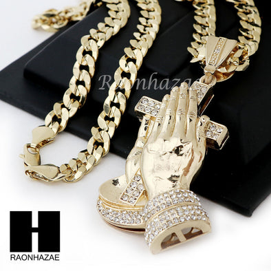 HIP HOP PRAYING HANDS PENDANT 20" 24" 30" CUBAN LINK CHAIN NECKLACE N37 - Raonhazae