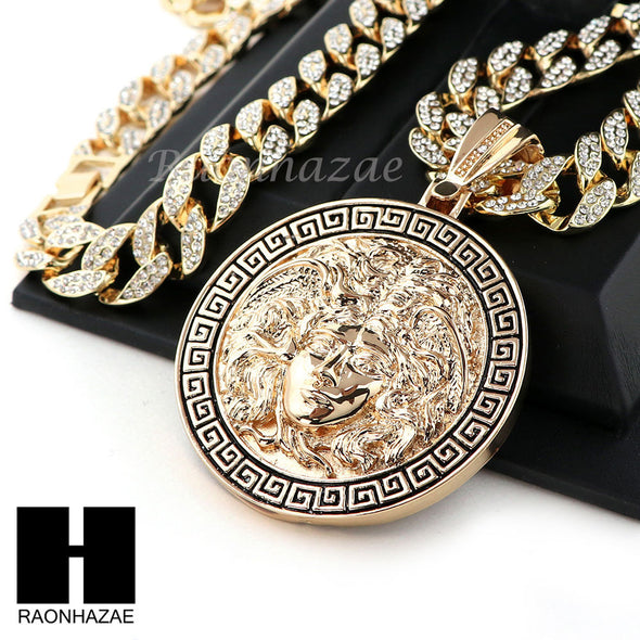 Hip Hop 14k Gold Plated Medusa Medallion Pendant 30" Cuban Link Chain 2 - Raonhazae