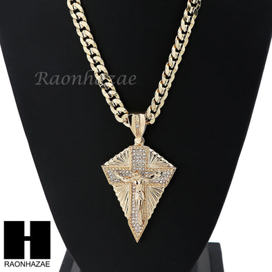 MENS CRUCIFIX CROSS PENDANT DIAMOND CUT CUBAN LINK CHAIN NECKLACE N39 - Raonhazae