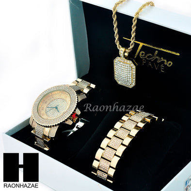 TECHNO PAVE 14K GOLD TONE LAB DIAMOND WATCH BRACELET NECKLACE SET SW203 - Raonhazae