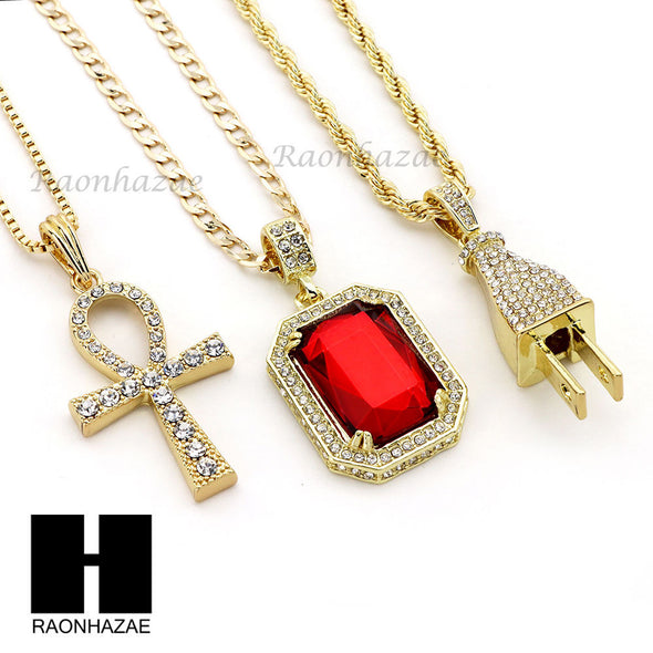 RUBY ANKH CROSS PENDANT 24" 30" ROPE BOX CUBAN CHAIN NECKLACE SET S05 - Raonhazae