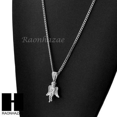 MENS STAINLESS STEEL MINI ANGEL CZ PENDANT 24" CUBAN NECKLACE SET NP006 - Raonhazae