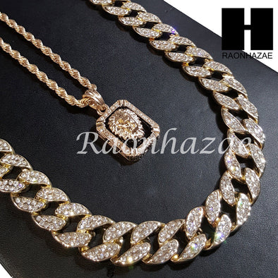 New 14k Gold PT Lion Pendant 15mm Miami Cuban 30" Necklace SET S199 - Raonhazae