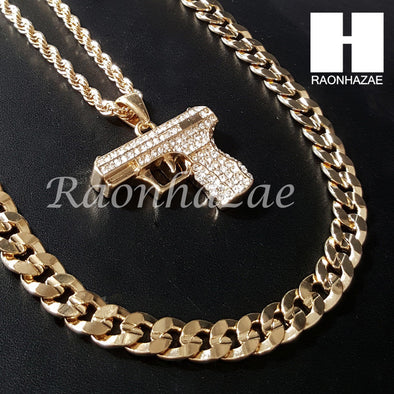 HIP HOP HAND GUN CHAIN DIAMOND CUT 30" CUBAN LINK CHAIN NECKLACE S078 - Raonhazae