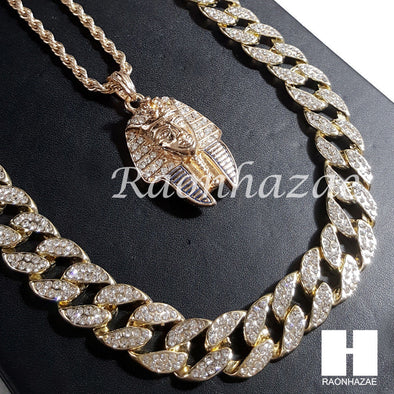 New 14k Gold PT King-tut Pendant 15mm Miami Cuban 30" Necklace SET 201G - Raonhazae