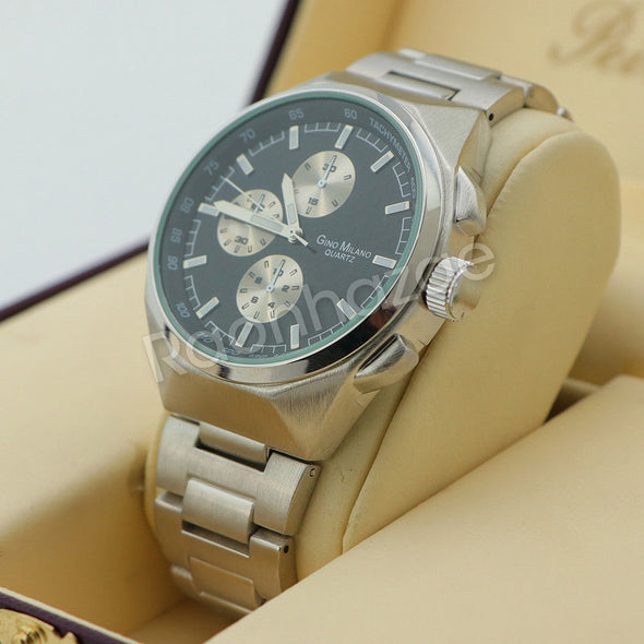Silver PT Designer Bezel Metal Band Round Watch Diamond Cut Cuban Bracelet G89S - Raonhazae
