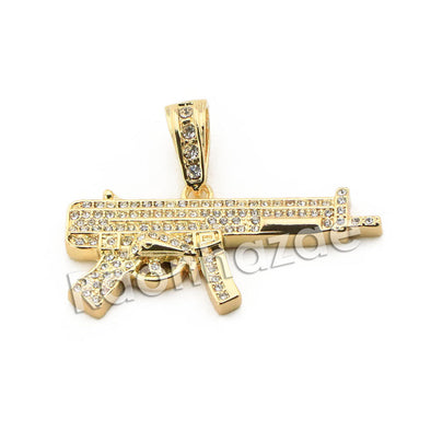 Mens Brass Bling Machine Gun Pendant w/ 5mm 24" 30" Cuban Chain A04G - Raonhazae