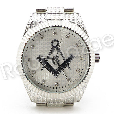 Hip Hop 14K White Gold PT Freemason Watch Cuban Chain Bracelet Set F44S - Raonhazae