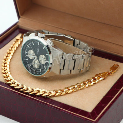 Silver PT Designer Bezel Metal Band Round Watch Diamond Cut Cuban Bracelet G89S - Raonhazae