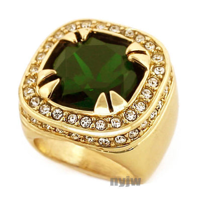 NEW MENS BIG CHUNKY GOLD PLATED RICH GANG EMERALD GREEN RING R020G - Raonhazae