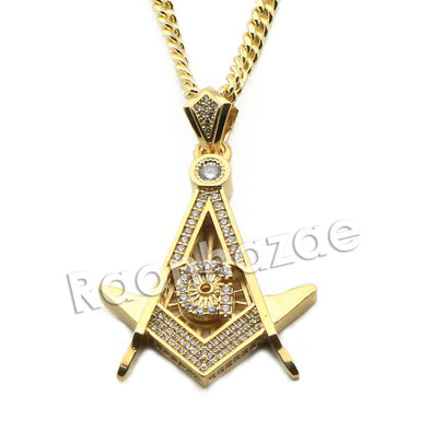 Mens Brass Masonic Gold Freemason Charm w/ 5mm 24" 30" Cuban Chain A01 - Raonhazae