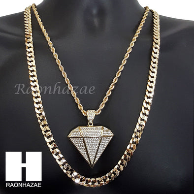 DIAMOND SHAPE ROPE CHAIN DIAMOND CUT 30" CUBAN CHAIN NECKLACE SET G10 - Raonhazae