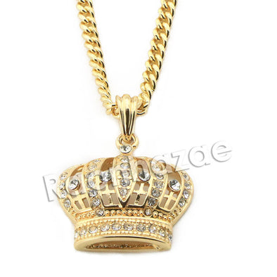 Mens Brass Bling King Crown Pendant w/ 5mm 24" 30" Cuban Chain A02 - Raonhazae