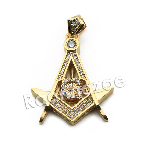 Mens Brass Masonic Gold Freemason Charm w/ 5mm 24" 30" Cuban Chain A01 - Raonhazae