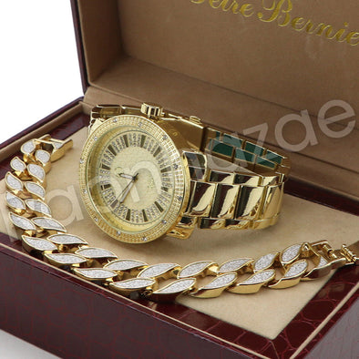 Hip Hop 14K Gold PT Luxury Big Face Watch Sandblast Bracelet Set F27G - Raonhazae