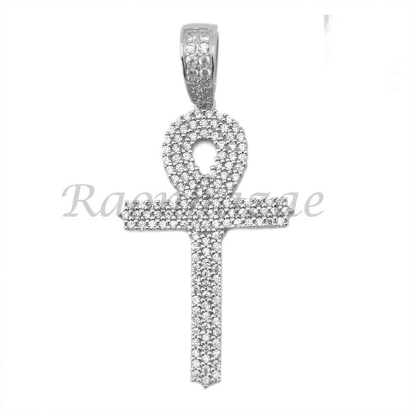 Sterling Silver .925 AAA Lab Diamond Bling Ankh Cross w/2.5mm Moon Cut Chain S53 - Raonhazae