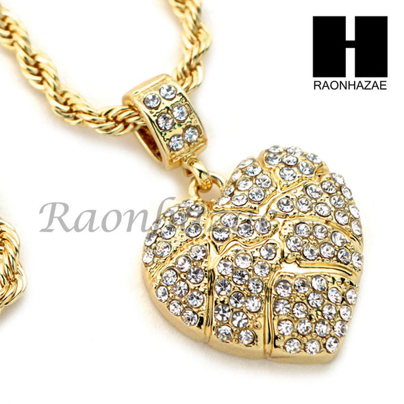 MENS BLING HEART PENDANT DIAMOND CUT 30" CUBAN CHAIN NECKLACE SET G31 - Raonhazae