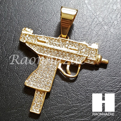 316L Stainless steel Gold Uzi Gun Pendant w/ 5mm Cuban Chain SG31 - Raonhazae