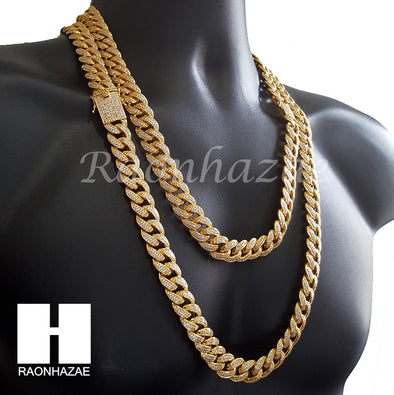 18K Gold Lab Diamond Cuban Link Chain 15mm Bling 24" 30" Necklace L01 - Raonhazae