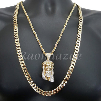 JESUS FACE ROPE CHAIN DIAMOND CUT 30" CUBAN CHAIN NECKLACE SET G20 - Raonhazae